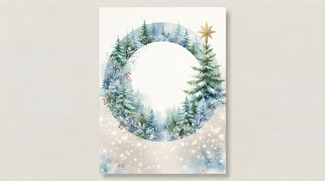 Christmas wreath made of pine trees with green decorations and a star for winter holiday greeting