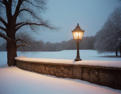 Snowy evening scene with street lamp