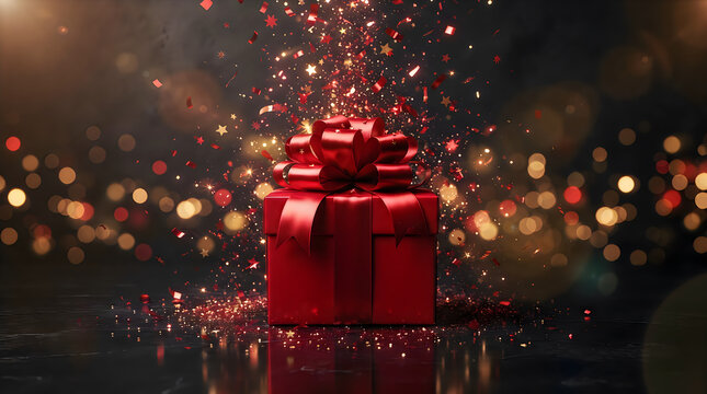 Red gift box with golden ribbons and glowing sparkles on a dark background for celebration