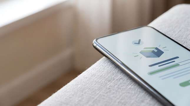 Smartphone displaying order confirmation and tracking interface with package icon and progress bar on a soft surface near a window in a bright indoor setting