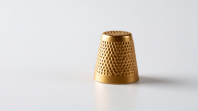 A gold-colored metal sewing thimble isolated on a white background, highlighting its protective dimpled texture and craft tool design