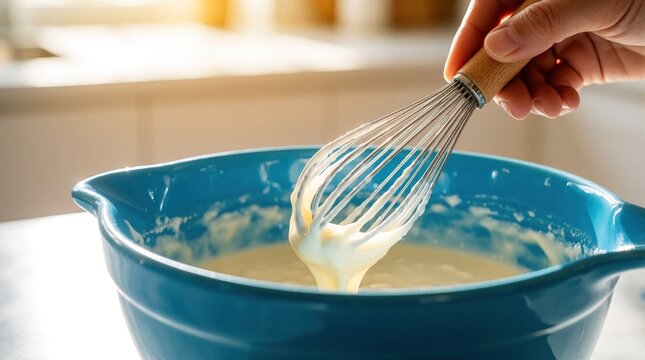 Hand whisks light batter in bright blue bowl for homemade baking in sunny kitchen. Culinary prep includes mixing ingredients for cake or pastry making.