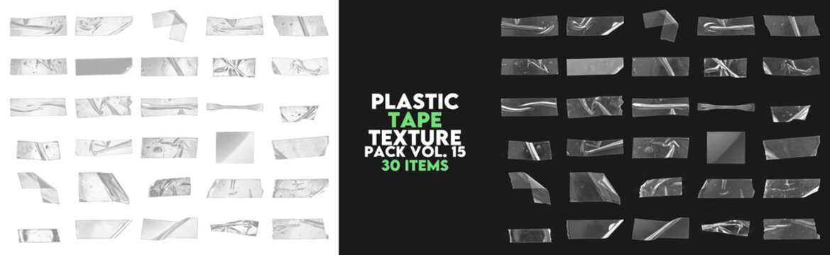 Collection of transparent plastic adhesive tape strips, realistic clear scotch tape textures with wrinkles and folds isolated on transparent background for digital design projects