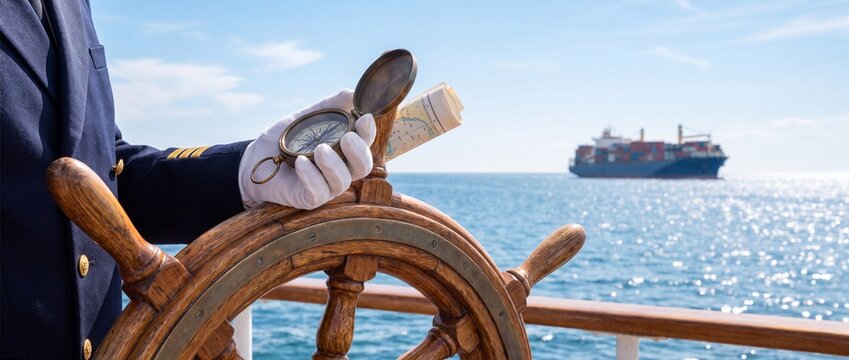 Ship captain steering wheel with navigation tools on the deck
