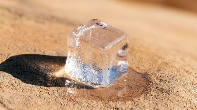 A single transparent ice cube melting slowly on a warm textured desert rock surface under bright sunlight, creating a cool contrast
