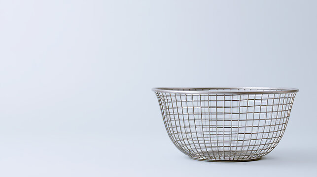 A single empty stainless steel wire basket sit on a clean white surface background for kitchenware product display and commercial use