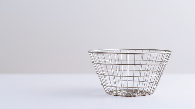 Minimalist modern empty wire basket made of metal with clean lines on white surface studio background for interior design concept showcase