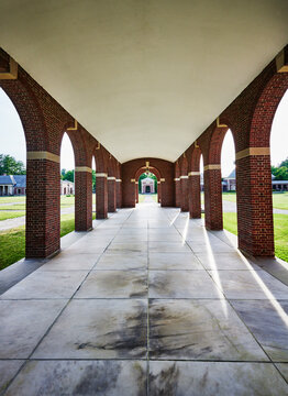 covered walkways of the historic Hall of Springs building (built 1933) within Saratoga Spa State Park, Saratoga Springs, New York