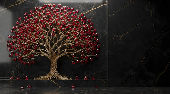 Abstract tree with red heart leaves on a dark background for love and romance art design concept
