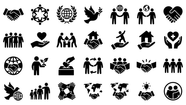 Set of black icons showing peace unity teamwork collaboration and human connection symbols collection