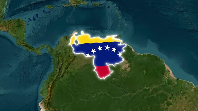 Venezuela map with national flag texture glowing on satellite earth background, 3D animation of South American country borders
