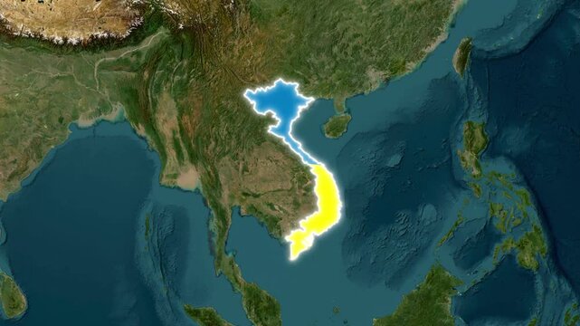 Vietnam map highlighted on satellite globe background showing geographical location and borders in Southeast Asia for geopolitical and travel concepts