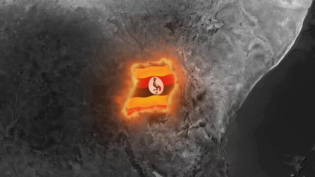 Uganda map with glowing national flag texture overlay on a dark monochrome satellite background representing geopolitical news and concepts