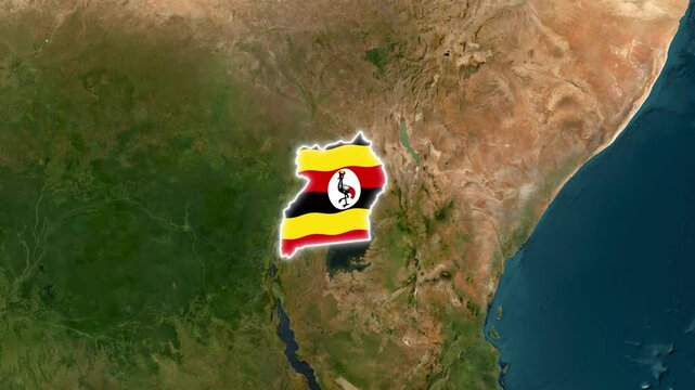 Uganda map with national flag texture, satellite view of East Africa, country borders and geography concept for travel and politics