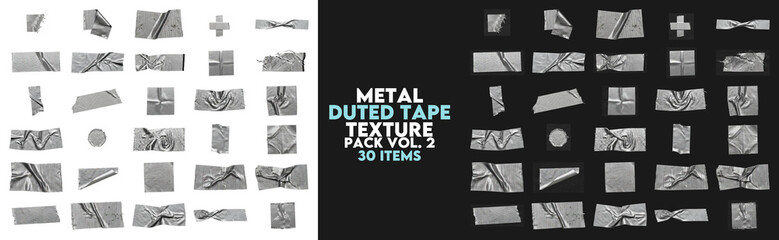 Fototapeta premium Collection of silver metallic duct tape strips and textures, torn adhesive tape pieces with wrinkled effects isolated on transparent background for industrial design and collage projects