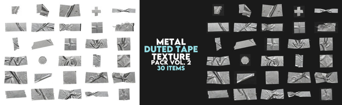 Collection of silver metallic duct tape strips and textures, torn adhesive tape pieces with wrinkled effects isolated on transparent background for industrial design and collage projects