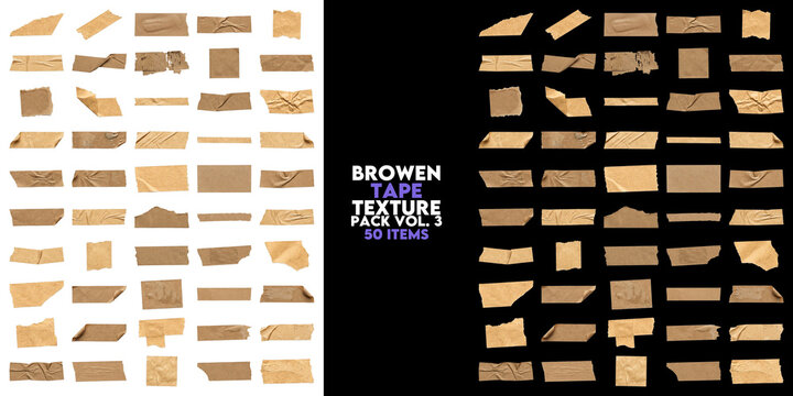 Collection of brown kraft paper tape strips and torn adhesive textures, set of 50 isolated tape elements on transparent background for scrapbooking, branding and collage design