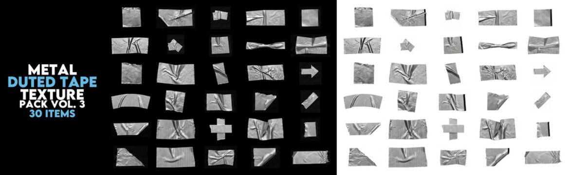 Collection of metal duct tape strips and textures, 30 isolated silver adhesive tape pieces with realistic wrinkles on a transparent background for graphic design and industrial projects