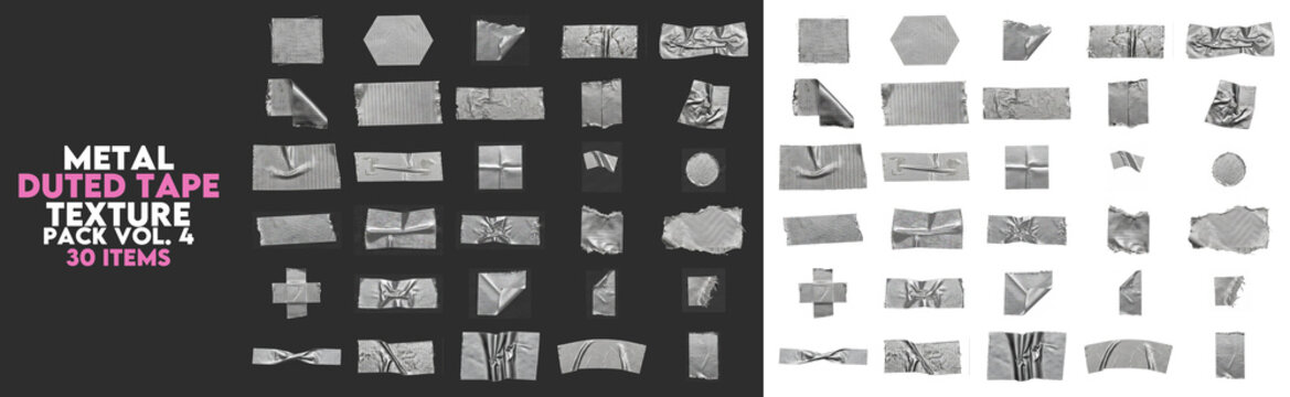 Collection of metal duct tape strips and adhesive patches, realistic 3D textured silver tape elements on transparent background for industrial design and collage projects