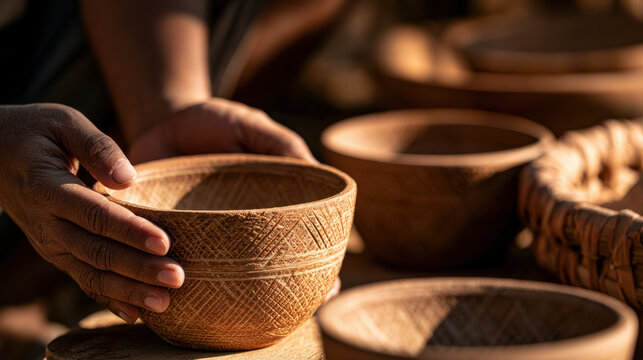 Earthenware bowl with etched geometric patterns held carefully by artisan hands.