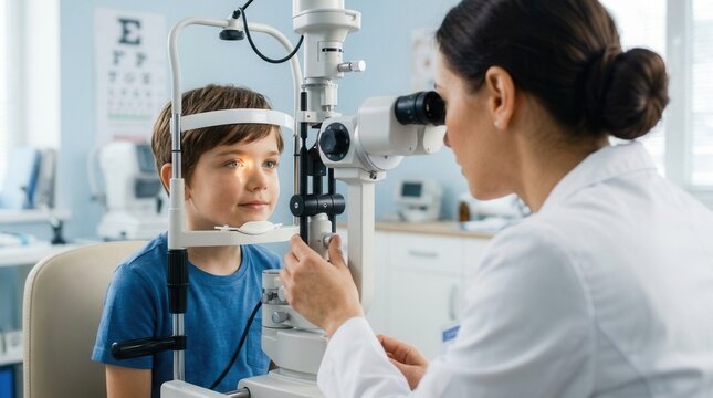 A young boy undergoes a professional eye check up with an ophthalmologist using specialized medical equipment.