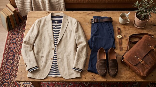 Men's casual spring outfit with linen blazer and striped shirt on a wooden table. Stylish and comfortable menswear for warm weather, travel, and relaxed professional or leisure activities.