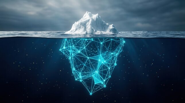 Digital iceberg floating in a dark blue sea with underwater data connection.