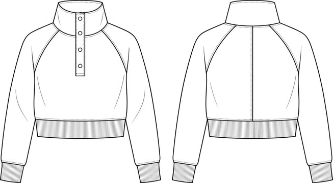 Cropped Snap Placket Sweatshirt Technical Flat Sketch