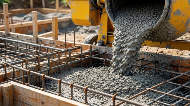 Mixer truck pours wet cement into fresh foundation mold area. Workers pour concrete mix around steel rebar cage base. Construction work proceeds on building site structure.