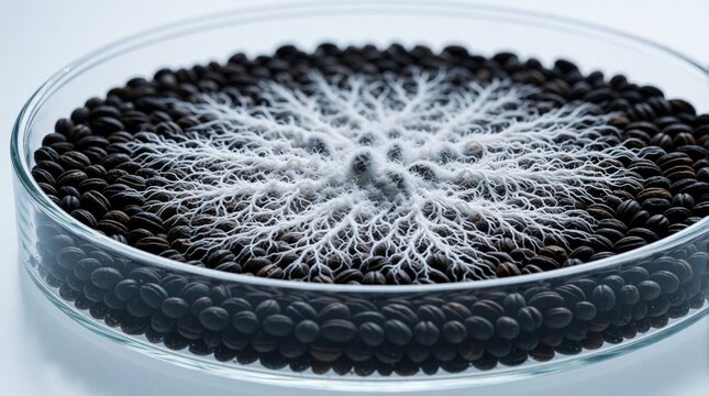 White mycelium grows in petri dish on dark seeds. Fungal network develops in lab culture for scientific study. Microbiology experiment shows organic growth pattern, biology research.