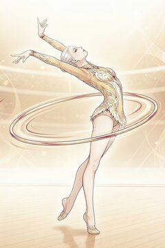 Graceful sportswoman executes artistic hoop movement in competition setting