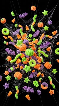 halloween candy assortment suspended in spider web on black background for spooky celebration