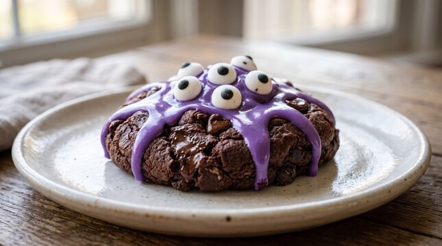 chocolate cookie decorated with purple icing and edible eye candies on white plate indoors