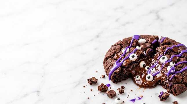 chocolate monster  cookie with purple icing and candy eyes on white marble background with bite taken