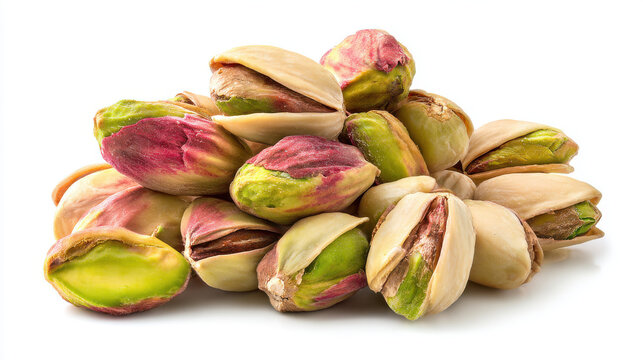 Pistachio nuts in shells and peeled green kernels form a small pile over a transparent background.