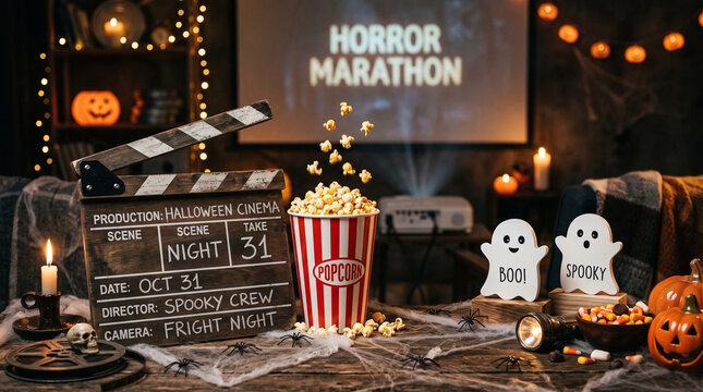 Halloween movie night concept with film clapperboard, popcorn, cute ghosts, spider webs, pumpkins and spooky cinema decorations in a cozy home theater.
