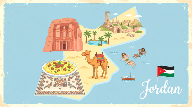 Illustrated decorative map of jordan featuring historic landmarks traditional food and desert wildlife jordanian culture travel illus