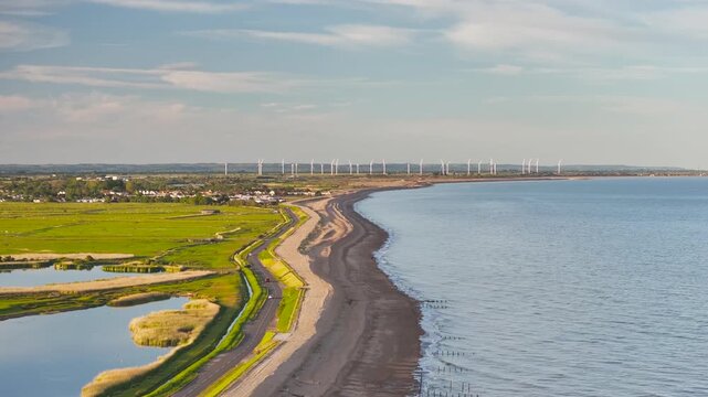 Marshes and Beach over Rye Bay from a drone, Rye, East Sussex, England