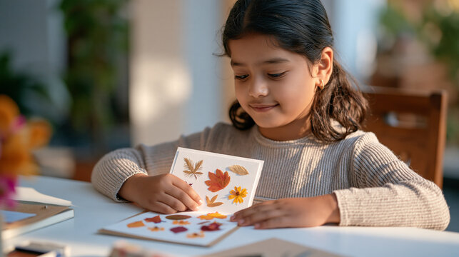 A young Nepalese girl presses colorful leaves and autumn flowers onto a handmade greeting card at a crafting table, world card making day, creative arts, seasonal nature craft,
