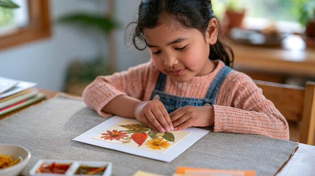 A young Nepalese girl presses colorful leaves and autumn flowers onto a handmade greeting card at a crafting table, world card making day, creative arts, seasonal nature craft,