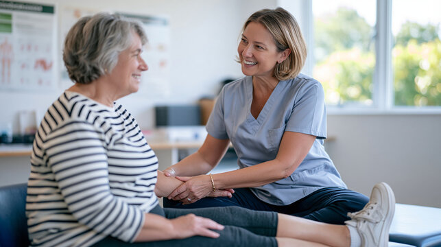 A physiotherapist demonstrating therapeutic leg elevation exercises to a seated female patient in a rehabilitation clinic, instructional posters on the wall, both focused on