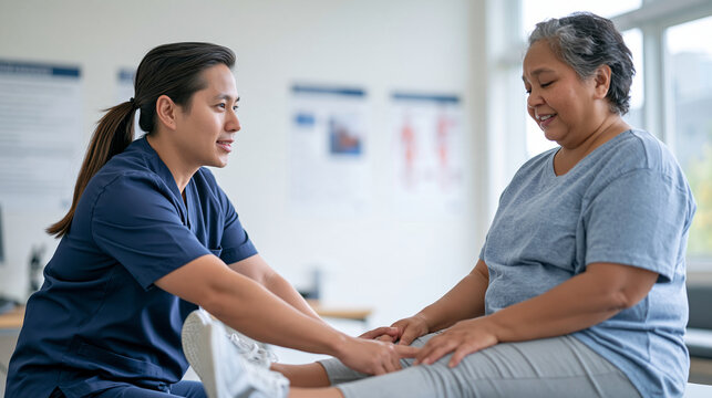 A physiotherapist demonstrating therapeutic leg elevation exercises to a seated female patient in a rehabilitation clinic, instructional posters on the wall, both focused on