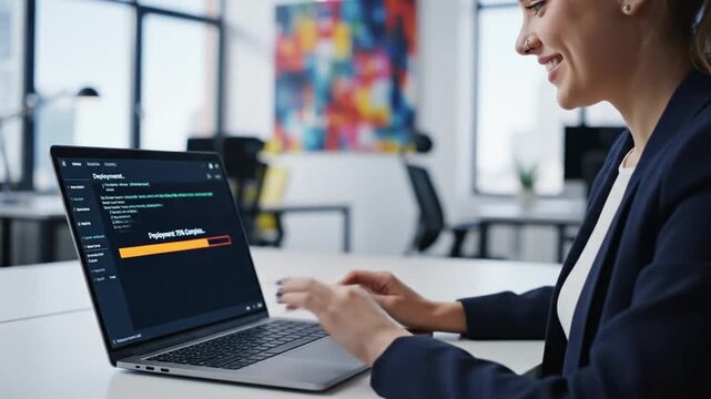 Software engineer concentrating deeply on project progress in office environment. Dedicated developer monitoring deployment updates through code editor and terminal in professional setting