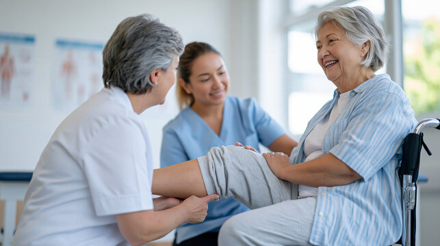 A physiotherapist demonstrating therapeutic leg elevation exercises to a seated female patient in a rehabilitation clinic, instructional posters on the wall, both focused on