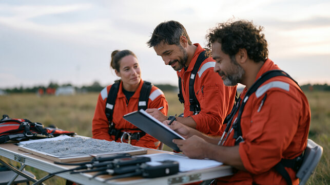Search and rescue team double-checking equipment protocols in an overcast field, a physical terrain model built from foam sitting on a folding table, harnesses and radio units