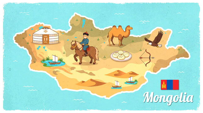 Mongolia map illustration with traditional yurt camel rider horse and national flag mongolia mongolian tradition landmark vacation