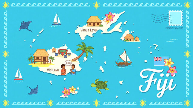 Fiji map illustration with tropical beach scenery palm trees and island huts tropical vacation paradise destination polynesian