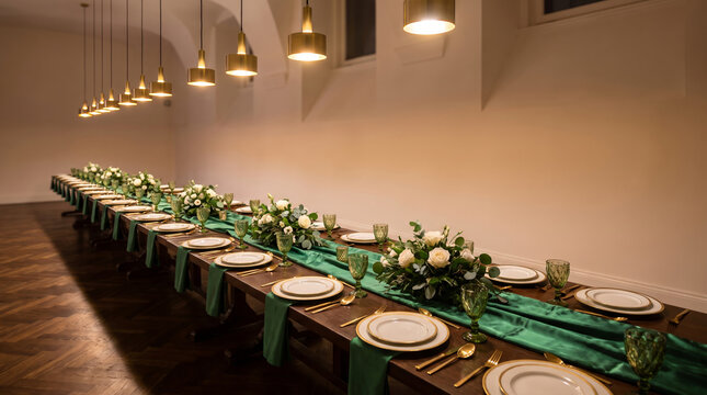 Elegant emerald and gold dining table prepared for evening feast
