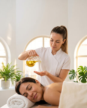 Female massage therapist pouring botanical oil into her palm