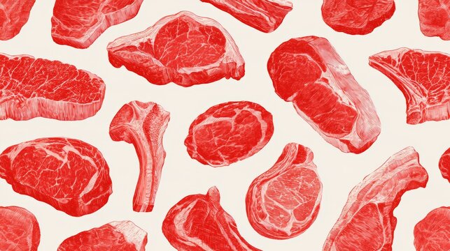 Raw Beef Cuts Illustrated Pattern on Cream